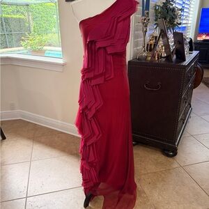 Lela Rose One-Shoulder Burgundy Ruffled Maxi Dress